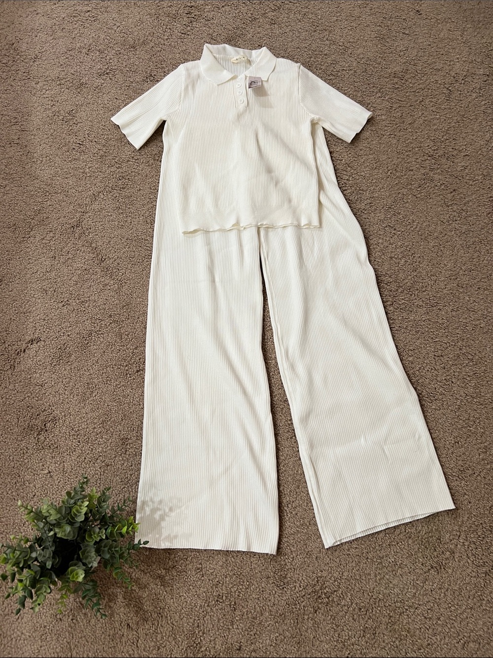 Ribbed Wide-Leg Pants & Polo Top Set in Cream